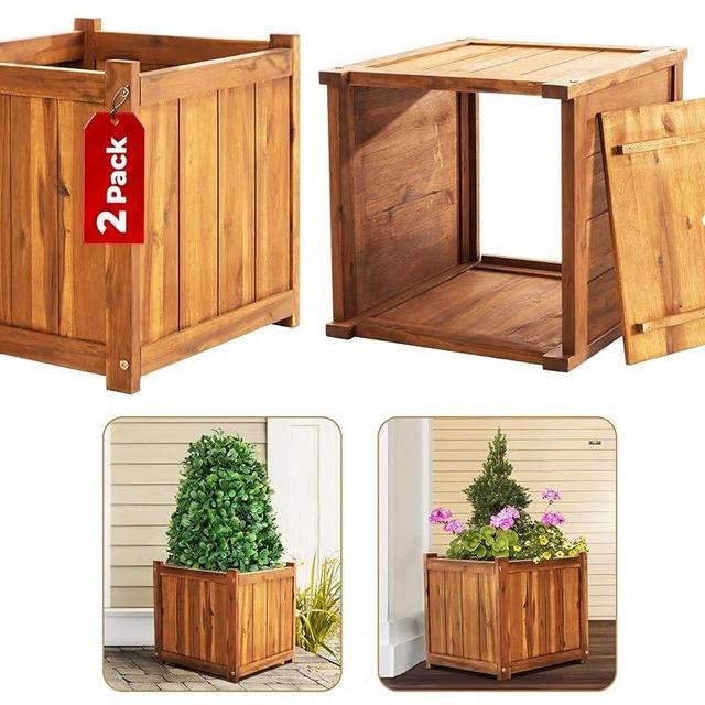 Idzo Set of 2 Hardwood Outdoor Flower Box, Durable Acacia Wood Flower Boxes for Outdoor Plants with Ergonomic Handles, Drainage Holes, Multiple Sizes Wood Bucket Planter for Home Décor