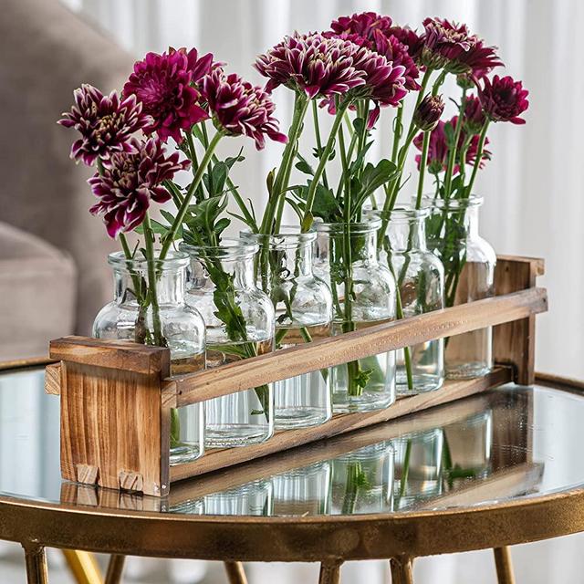 Beautiful Glass Flower Vase with Wooden Plant Stand & 6 Bud Vases, Decorative Glass Bottles for Home Décor, Dining Table Centerpiece, Wedding, Bridal Shower, Events - Vintage Medicine Bottles.