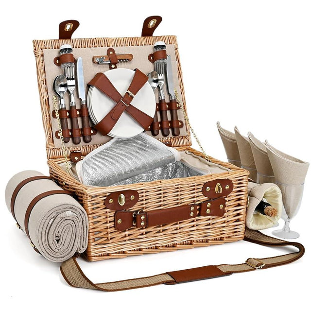Picnic Basket with Blanket and Wine Pouch for 4, Wicker Picnic Set with Insulated Liner Cooler Bag Hamper for Camping,Wedding - Natural