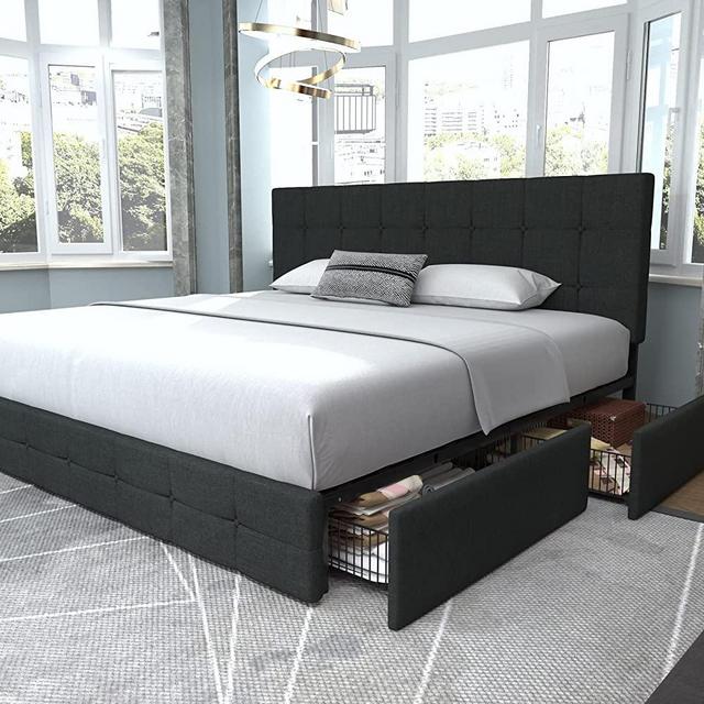 Allewie King Size Platform Bed Frame with 4 Storage Drawers & Adjustable Headboard, Upholstered Square Stitched Button Tufted Design, No Box Spring Needed, Dark Grey