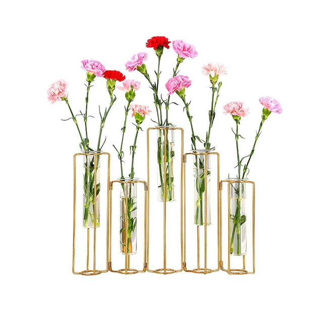 HelloHome Hinged Flower Vases Test Tube Flower Vase with 5 Test Tubes Gold Metal Frame can be Bent and Contorted, Propagation Station Plant Holder Tubos De Ensayo for Home Wedding Decor, Balcony