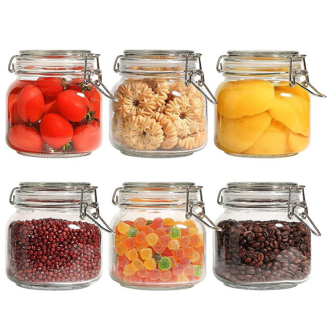 ComSaf 25oz Airtight Glass Canisters with Lids Set of 6, Square Food Storage Jar Container with Clamp Lids for Kitchen Canning Cereal Coffee Pasta Sugar Beans Spice, Clear Mason Jars with 12 Labels