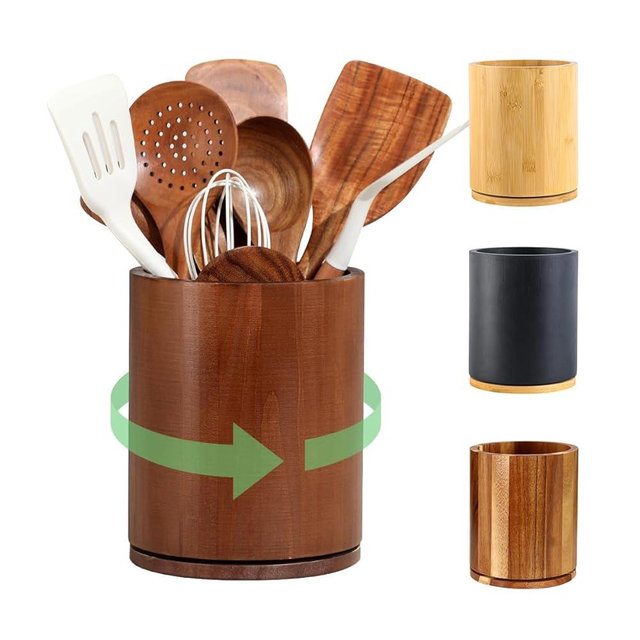 gorsent Wooden Utensil Holder, 360°Rotating 7.3'' Large Utensil Holder for Kitchen Counter, Kitchen Utensil Organizer, Utensil Crock, Farmhouse Kitchens Countertop Decor, Walnut-finish