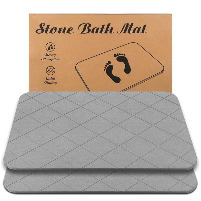 JIZEUO Stone Bath Mat, Diatomaceous Earth Shower Mat, Non-Slip Super Absorbent Quick Drying Bathroom Floor Mat, 2 Pack, Grey, Pattern 2
