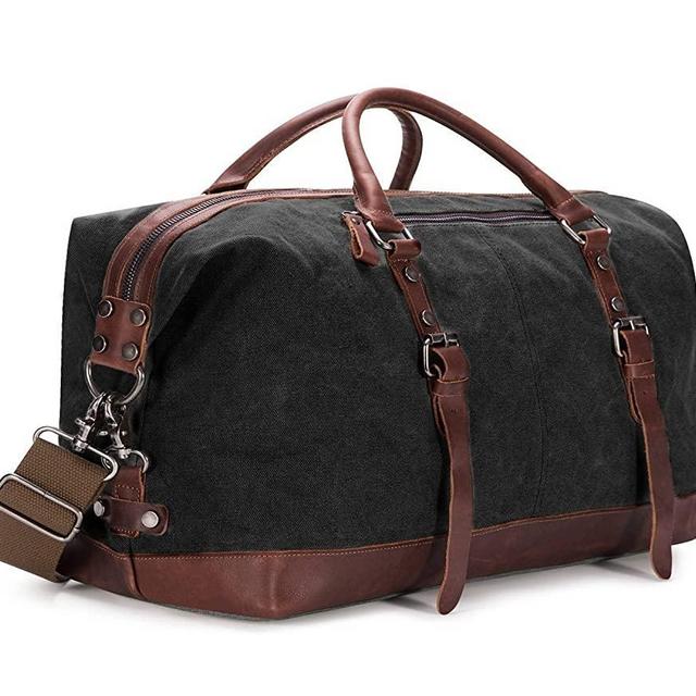 BAOSHA Canvas PU Leather Travel Tote Duffel Bag Carry on Bag Weekender Overnight Bag