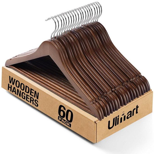 Ulimart Wooden Hangers 60 Pack,Wood Hangers,Solid Shirt Hangers with Pants Bar,Heavy Duty & Slim Coat Hanger,for Suit Coat Jacket Pants（Walnut）