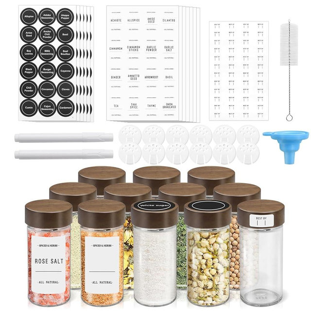 VIBRATITE 12 Pack Spice Jars with Acacia Lids, 4 oz Round Glass Jars Spice Containers Set with Labels, Pen, Funnel, Seasoning Storage Bottles with Shaker Lids for Rack, Cabinet, Drawer