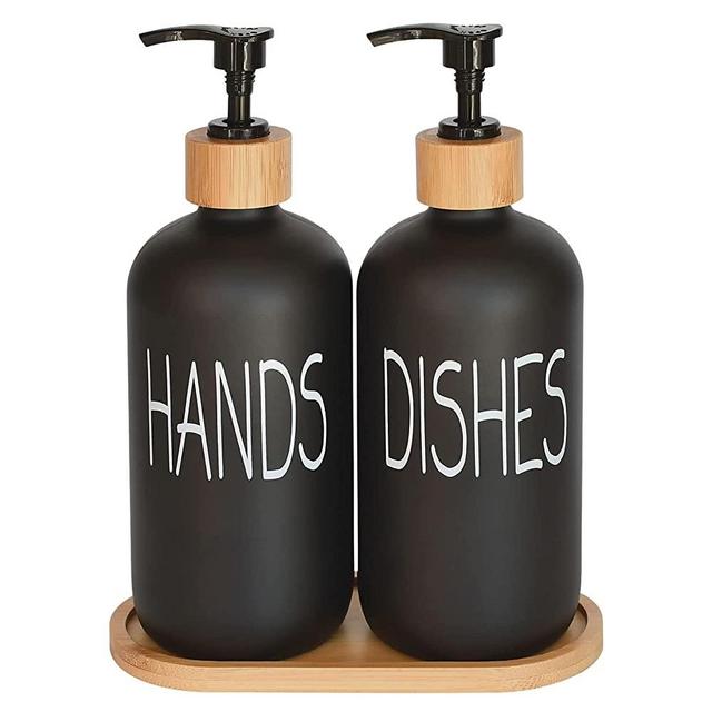 Glass Soap Dispenser Set. Hand Soap and Dish Soap Dispenser with Bamboo Tray. Vintage Soap Dispenser with Pump for Kitchen Sink and Bathroom. Stylish Permanent Labels (Matte Black)