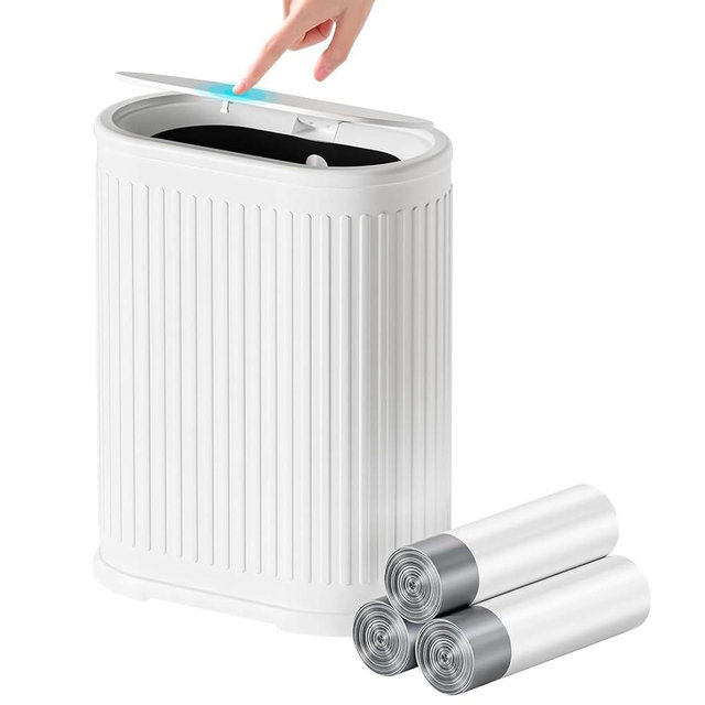 Figella Small Bathroom Trash Can with Lid Press-Top 1.8 Gallon Mini White Garbage Can with Pop-up Lid Stainless Steel Slim Wastebasket for Toilet, Bedroom, Kitchen