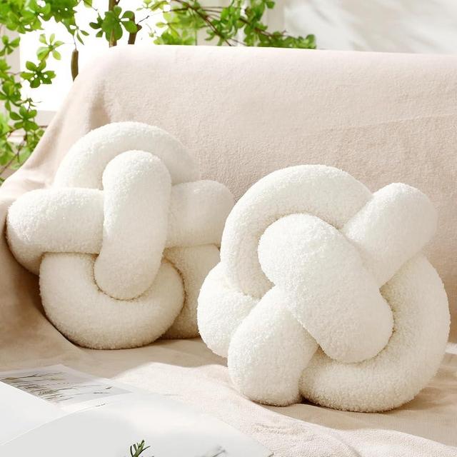 Beeveer 2 Pcs Knot Pillow Balls, 12 Inch Soft Home Decorative Cream White Round Stylish Throw Pillow Cute Handmade Knotted Aesthetic Ivory Circle Pillows for Bed Living Room Couch Sofa Decor