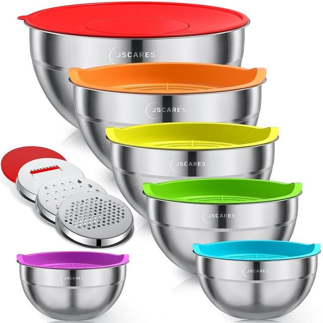 JSCARES Mixing Bowls with Airtight Lids, 6 Piece Stainless Steel Metal Bowls with 3 Grater Attachments, Colorful Airtight Lids, Size 4.5, 3.5, 2.1, 1.5, 1.1, 0.7QT, Great for Mixing & Serving