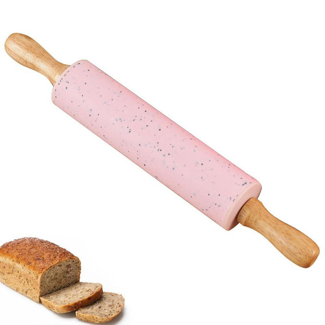 Silicone Rolling Pin for Baking, Pastry Dough Roller with Wooden Handle Non Stick Surface Rolling Pin for Dough Fondant Cookie Pastry Tapered Dumpling Baking Supplies Kitchen Accessories, Pink, 15inch