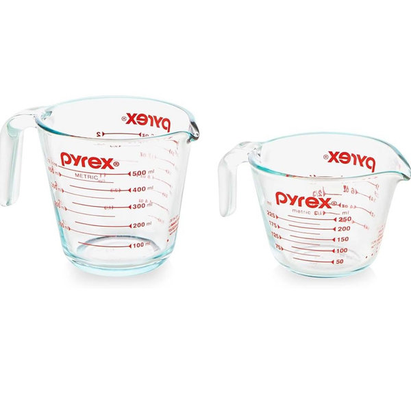 Pyrex 2 Piece Glass Measuring Cup Set, Includes 1-Cup, and 2-Cup Tempered Glass Liquid Measuring Cups, Dishwasher, Freezer, Microwave, and Preheated Oven Safe, Essential Kitchen Tools