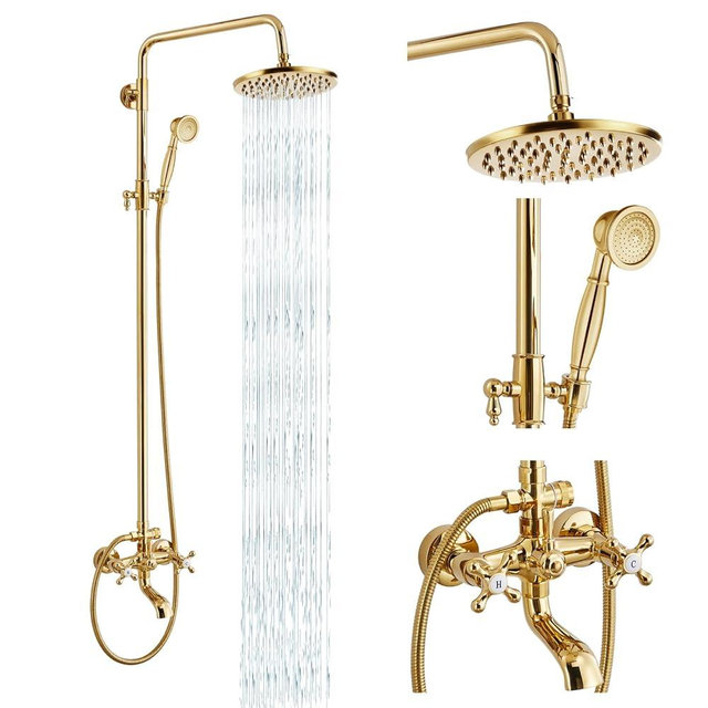 gotonovo Exposed Shower Faucet Set 8 Inch Rainfall Showerhead 3-Function Shower Fixture with Tub Spout 2 Corss Handles Shower System Polish Gold