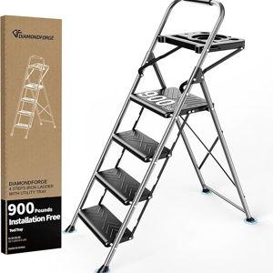 4 Step Ladder, Folding Step Stool with Tool Platform, Wide Anti-Slip Pedal and Anti-Slip Feet, Sturdiest Steel Construction, 900lbs Capacity Steel Ladder, Installation Free, Grey