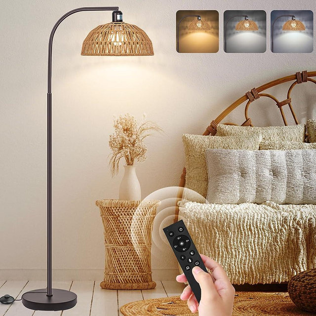 Boho Floor Lamp with Remote- Arc Tall Lamps, Bronze Floor Lamps with Stepless Dimmable Bulb, Hand-Worked Adjustable Rattan Lampshades, Brown Rattan Standing Lamps for Living Room, Bedroom, Office