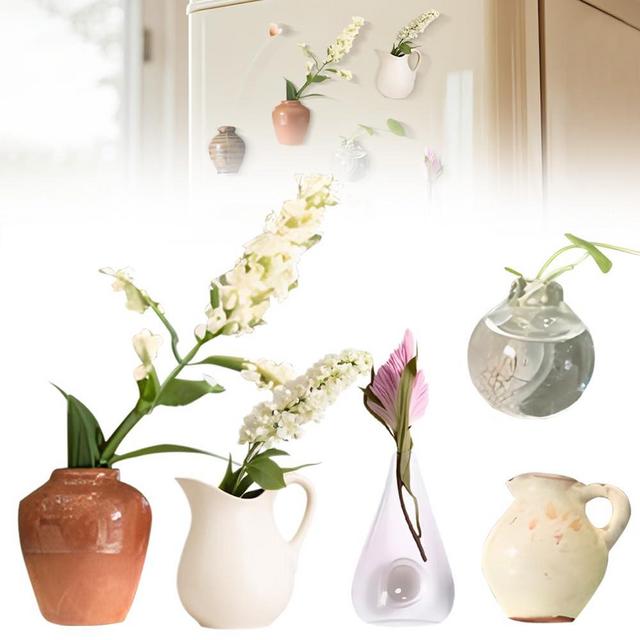 Mini Vase Magnets for Fridge, 2025 New Mini Ceramic Vase Magnets, Cute Tiny Refrigerator Magnet for Flowers Kitchen Office Decoration (Muticolor-F)
