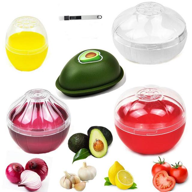 Onion Garlic Lemon Avocado Saver/Keeper, Yamesu BPA Free Tomato Vegetable Shaped Food Storage/Holder/Container, 5-piece Set Bundle with a Brush