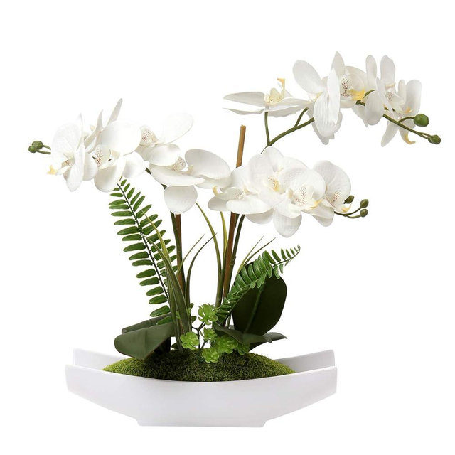 Briful Orchids Artificial Flowers 15" Large Fake Orchid White Phalaenopsis Orchid Flower Arrangements with Vase Faux Orchid for Home Living Room Table Centerpiece Office Table Decor
