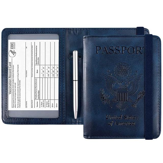 ACdream Passport and Vaccine Card Holder Combo, Cover Case with CDC Vaccination Card Slot, Leather Travel Documents Organizer Protector, with RFID Blocking, for Women and Men/Navy Blue