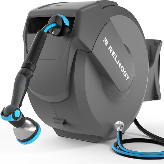 Relhost Retractable Garden Hose Reel, 1/2 in x 100 ft Wall Mount Heavy Duty Hose Reel with Any-Length Lock, Auto Rewind System, 180° Swivel Bracket, and 10-Pattern Nozzle for Garden, Dark Grey
