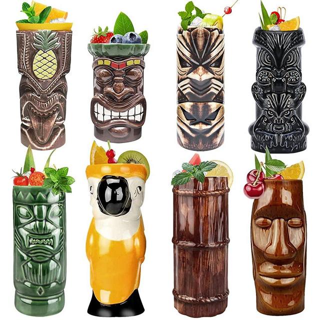 Tiki Mugs Cocktail Set of 8 - Ceramic TIKI Mugs Hawaiian Party Cute Exotic Cocktail Glasses Hawaiian TIKI Mug - TKSET0080 (8pcs)