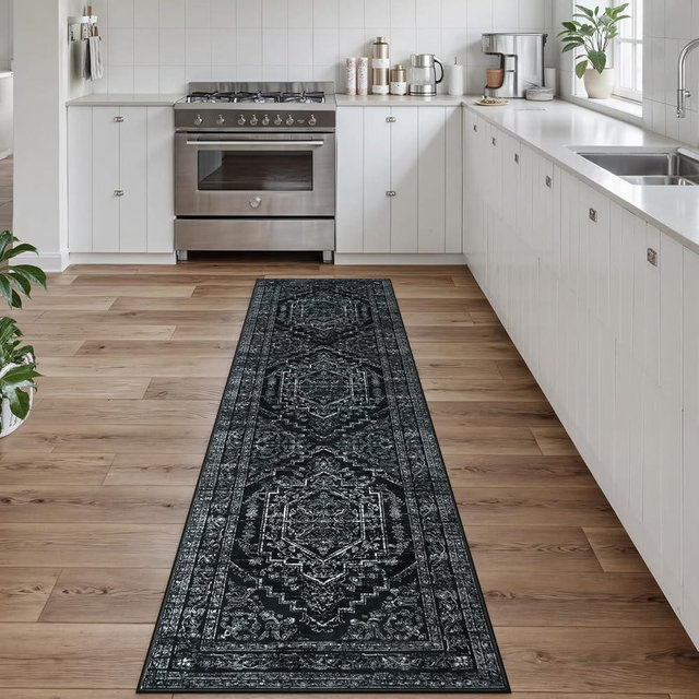 Uphome Long Washable Kitchen Runner Rug, 2x8 Soft Rug Runners for Hallways Non Slip, Farmhouse Entryway Runner Rugs Low Pile, Stain Resistant Modern Carpet Runner for Hallway Bedroom, Black