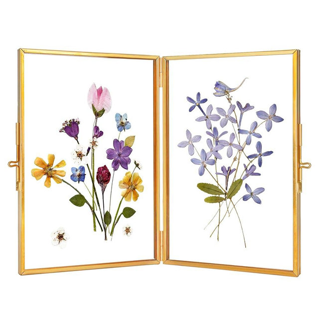 REDHUGO Glass Pressed Flower Frame Handmade, Hinged Double Press Flower Frame, Tabletop Brass Photo Frames, Rectangle Dried Flower Display Folding Frame for Home, Gold,4×6 Inches