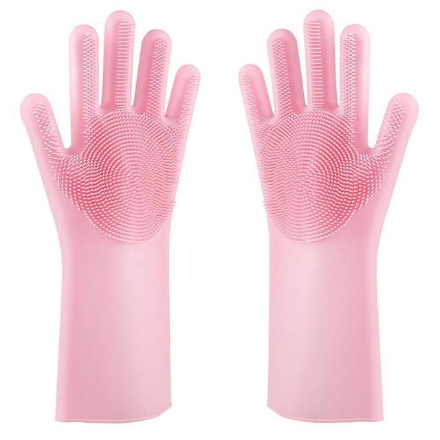 Silicone Dishwashing Gloves, Reusable Cleaning Gloves ,Silicone Scub Gloves, Rubber Washing Gloves Dishwashing Gloves for Household, Bathroom,Pet Bathing, Cars, Fruit and More (Pink)