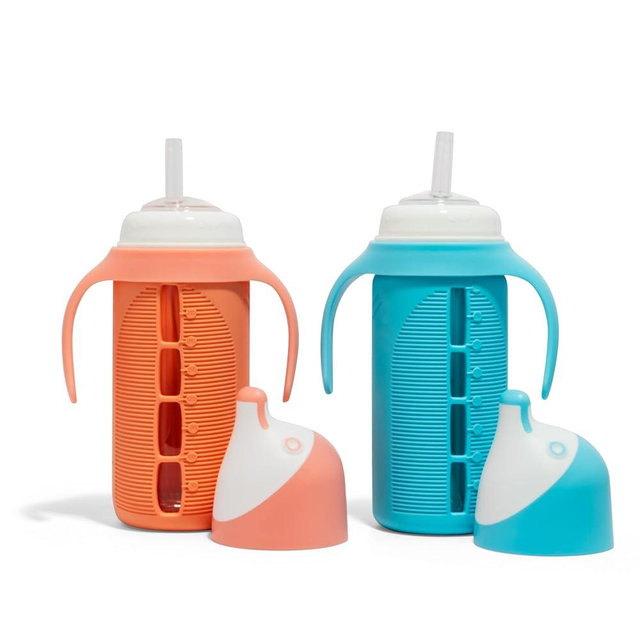 Tabor Place Set of 2 - Glass Sippy Cup for Toddlers - The Luca | Spill-Proof | Silicone Straw | Blue & Orange | 8 oz | Liquids Never Touch Plastic | Removable Handles… (Blue)