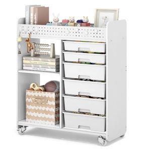 Rolling Storage Cart with Top Pegboard and 6 Drawers, Mobile Utility Cart on Wheels with Locking Brakes, Craft Organizer Lateral File Cabinet for Home, Office and Craft Room – Wood Frame(White)
