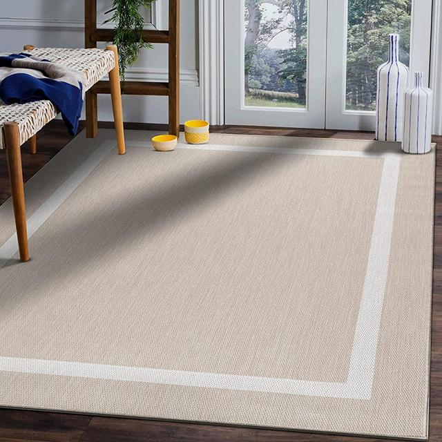 Beverly Rug Waikiki Collection Indoor/Outdoor Bordered Area Rug, 5'3x7'0 - Beige / White - WKK20401
