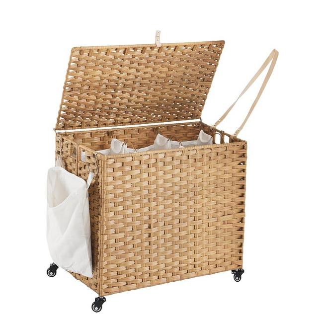 Laundry Hamper with Wheels, 34.3 Gallon(130L) Rolling Laundry Basket with Lid, 3-Section Rattan Clothes Hamper with 3 Removable Liner & 3 Mesh Bags, Laundry Sorter with Side Pocket, Natural