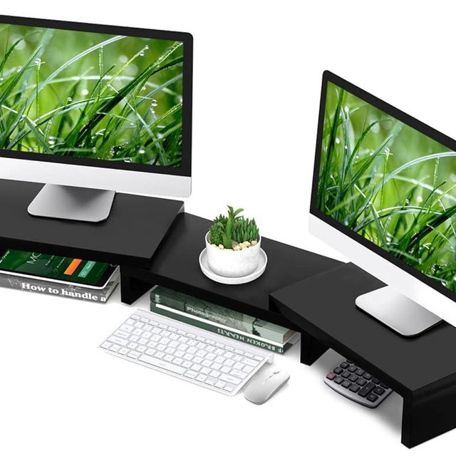 TAVR Dual Monitor Stand Riser Office Desktop Organizer Stand for 2 Monitors, Adjustable Length and Angle 3 Shelf, Extra Long Multifunctional Stand up to 48.2" fit Computer, Laptop, TV, Black