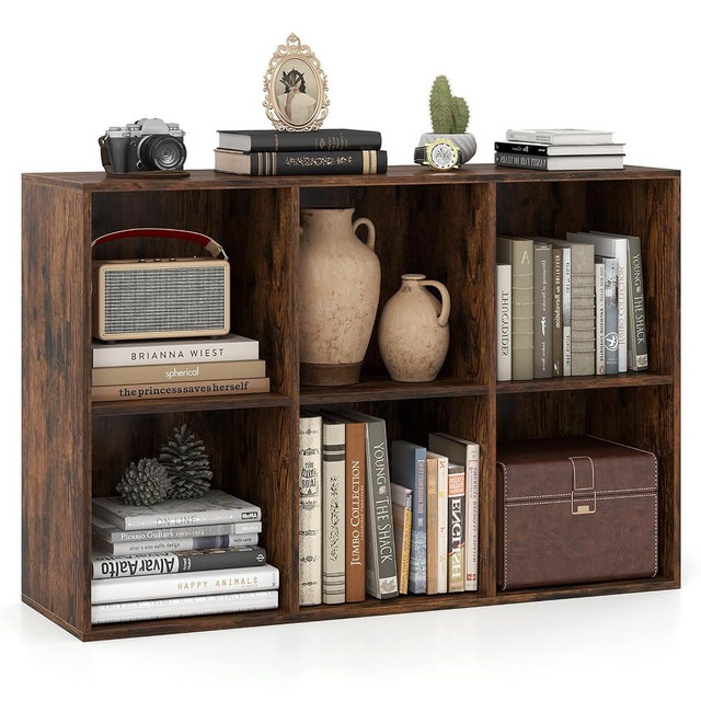 Giantex 6-Cube Bookcase, 3-Tier Cubby Bookshelf, Horizontal Vertical Display Rack with Anti-Tipping Kits, Modern Storage Organizer Shelf Unit for Living Room, Home Office, Rustic Brown