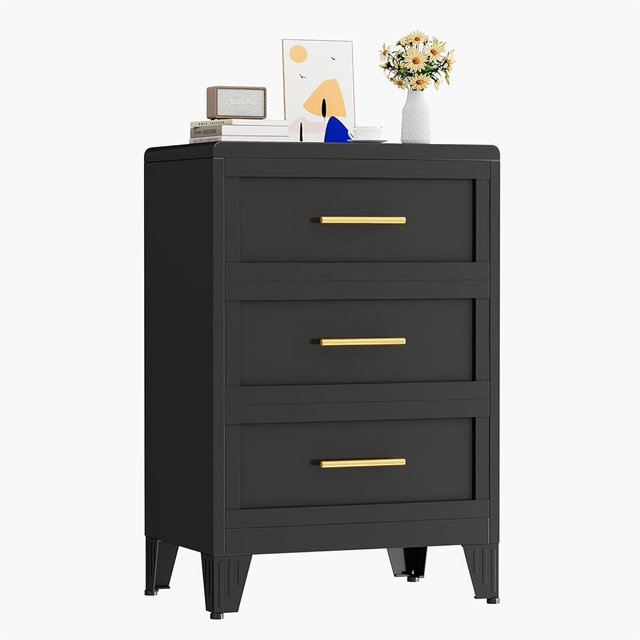 KAIFAM Metal Small Dresser for Bedroom, Black Dressers & Chest of Drawers, 3 Drawer Dresser with Curved Corner, Storage Cabinet for Living Room, Entryway, Home Office (Black, 24" W)