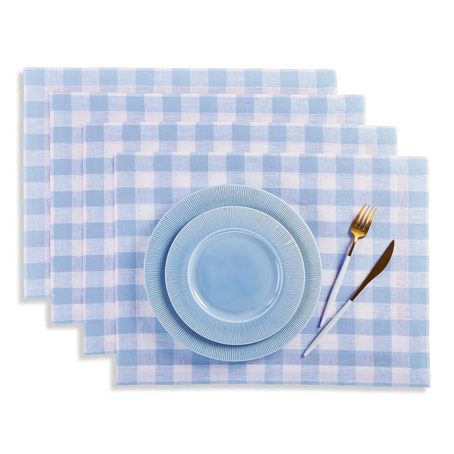 Solino Home Linen Placemats Set of 4 - Light Blue and White Placemats 14 x 19 Inch - 100% Pure Linen Table Place Mats for Summer - Morgan Check