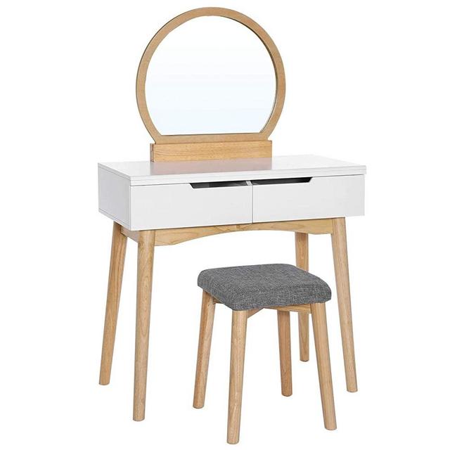 VASAGLE Vanity Table Set with Round Mirror 2 Large Drawers with Sliding Rails Makeup Dressing Table with Cushioned Stool, Natural and White URDT11K