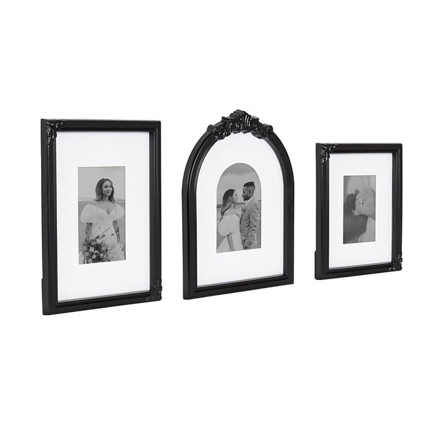 Kate and Laurel Arendahl Three-Piece Picture Frame Set, Black, Set of 3, Varying Sizes, Vintage Rectangle and Arched Photo Frame Set for Use as Gallery Wall Frames