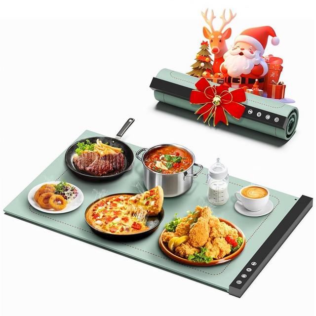 Warming Mat for Food - Full Surface Rapid Heating, Rollable & Portable Food Warmer Mat with 6 Temperature Settings and 1-4 hours adjustable Timer, Silicone Heating Mat for Party Buffet (Grayish green)