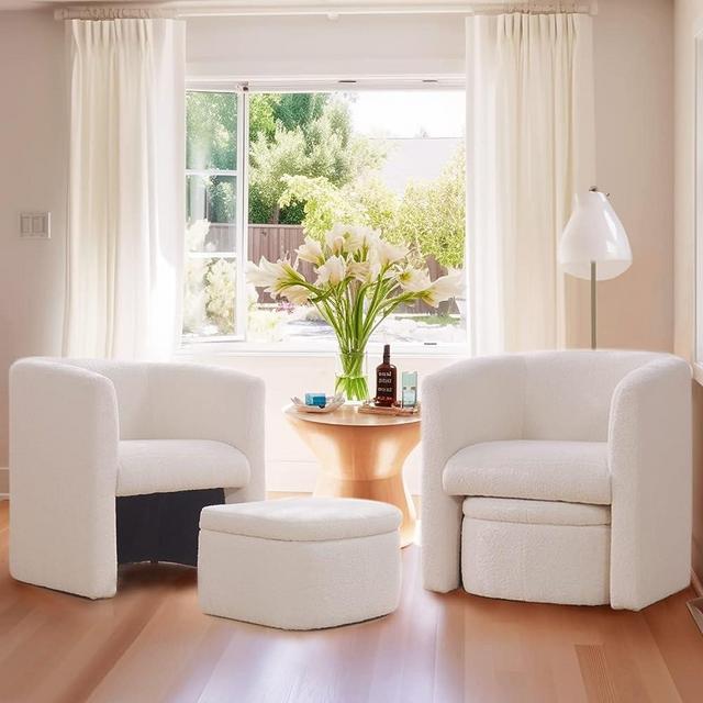 COLAMY Upholstered Sherpa Barrel Chair with Ottoman Set of 2, Modern Single Sofa Accent Lounge Chair Armchair Club Chair with Storage Space-Saving for Living Room Bedroom Office, Cream
