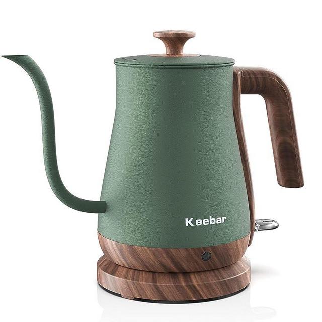 Keebar Gooseneck Electric Kettle - Electric Tea Kettle Stainless Steel, Pour over kettle for Coffee, Hot Water Kettle Electric Auto Shut Off, 0.8L, 1000W Quick Heating, Matcha Green with Walnut Handle