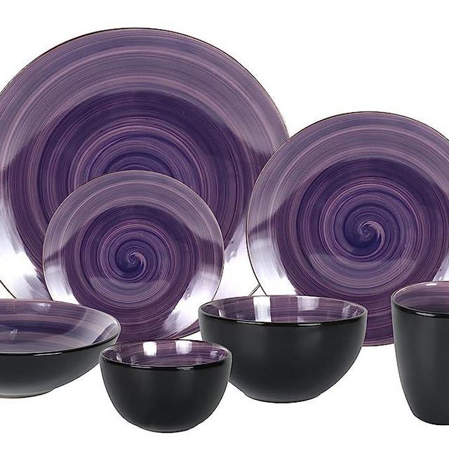 HomeVss, Stoneware Sonoma Dinnerware Set, Black + Speckled Spin Wash (56pc Set, Purple)