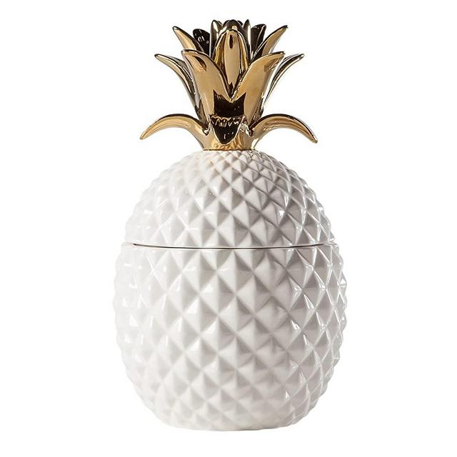 Torre & Tagus Pineapple Ceramic Canister Crown Lid Hawaiian Themed Home Decor Accent, Tall, White/Gold