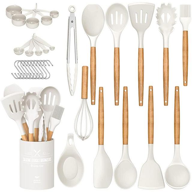 Umite Chef Kitchen Cooking Utensils Set, 33 pcs Non-stick Silicone Cooking Kitchen Utensils Spatula Set with Holder, Wooden Handle Silicone Kitchen Gadgets Utensil Set (White)