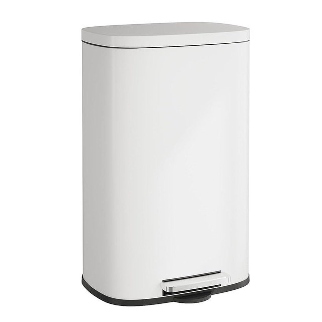 WLIVE 13 Gallon Stainless Steel Trash Can with Inner Bucket, Kitchen Garbage Can with Lid, 50L Soft Close Step Trash Can with Metal Foot for Home, Kitchen, Laundry Room, Office, White