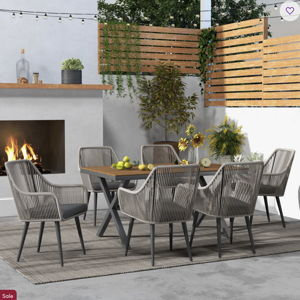 Sikata 6-Person Rectangular Outdoor Dining Set With Cushions - Light Gray Frame/Gray Cushion