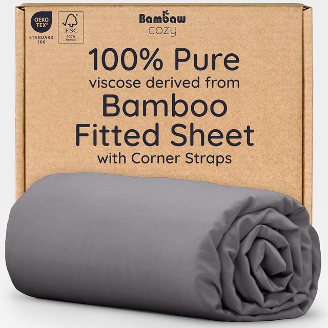 Bambaw 100% Viscose Derived from Bamboo Fitted Sheet Only, Soft Fitted Sheet Queen Size, Cooling Fitted Sheet with Straps, Deep Pocket Bottom Queen Fitted Sheet Only Fits Up to 16’’ (Dark Gray)