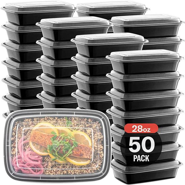 50-Pack Meal Prep Plastic Microwavable Food Containers For Meal Prepping With Lids 28 oz. 1 Compartment Black Rectangular Reusable Storage Lunch Boxes -BPA-Free Food Grade -Freezer & Dishwasher Safe