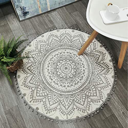 Uphome Round Area Rug 3' Diameter with Chic Pom Pom Fringe Boho Gray Mandala Velvet Accent Throw Rugs Non-Slip Soft Floor Carpet for Living Room Bedroom Nursery Decor